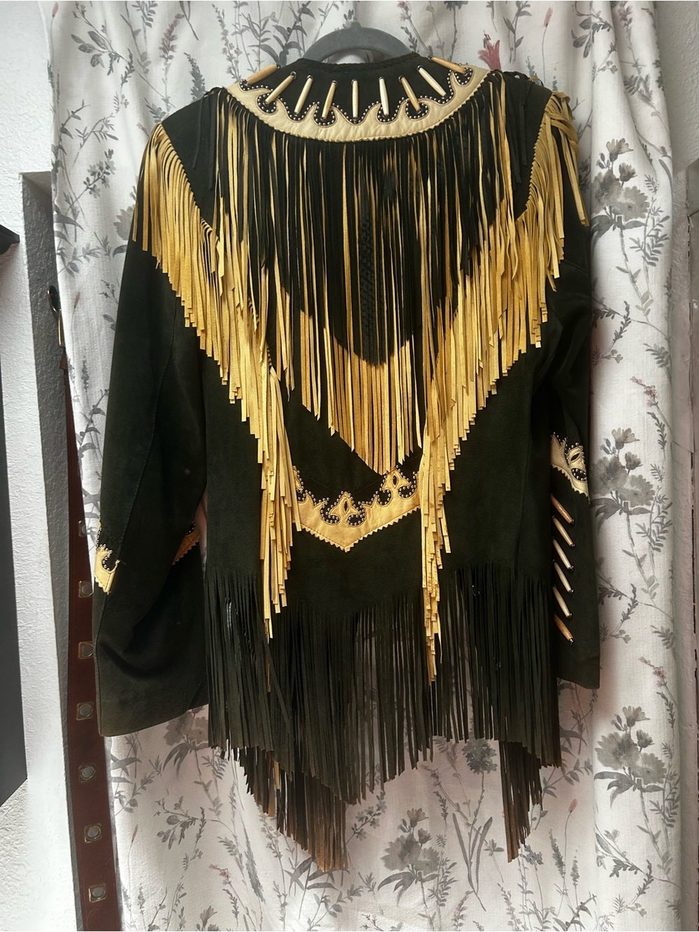 Black Suede Fringe Jacket with Tan Embellished Yoke - Picture 2 of 8